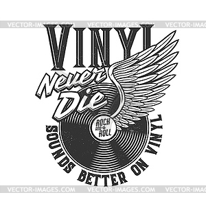 Tshirt print with winged vinyl disk for apparel - vector clipart
