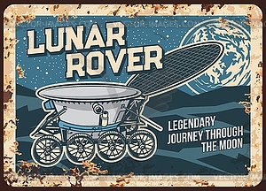 Lunar rover walk on Moon rusty metal plate - vector clip art