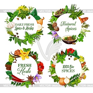 Natural spices and kitchen herbs round banners - vector clip art