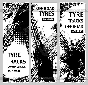 Tire prints, tyre tracks with grunge stained spots - vector clipart