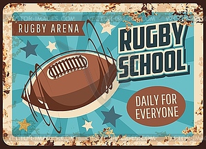 Rugby school rusty metal plate, sport game - vector clipart