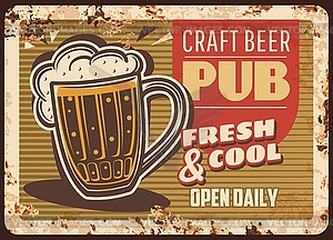 Craft beer pub rusty plate, brewery production - vector clipart