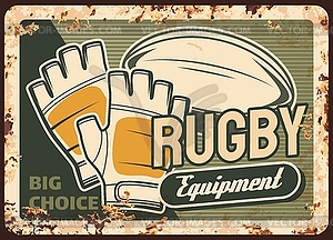 Rugby equipment shop rusty metal plate - vector EPS clipart