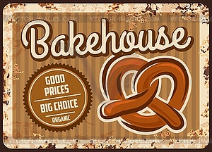 Bakehouse rusty metal plate bakery shop ad - vector image