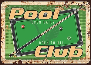 Pool club rusty metal plate, balls and cue - vector image