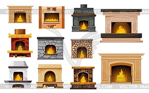 Fireplace and fire icons, interior design - vector image