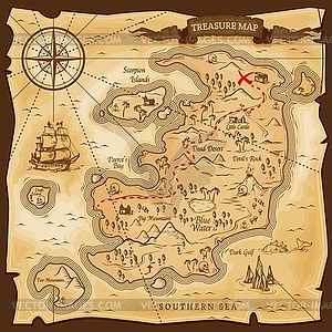 Map treasures paper parchment, pirate treasury - vector clip art