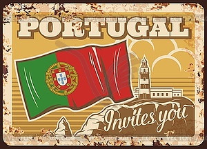 Portugal travel, Portuguese flag metal plate rusty - vector image