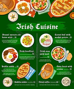Irish food cuisine menu, breakfast dishes meals - vector clipart