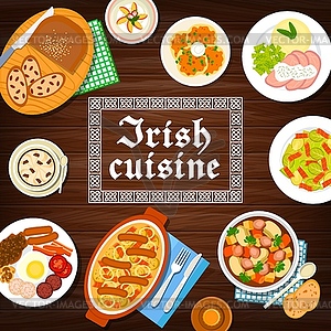 Irish cuisine food menu, breakfast dishes, meals - vector image