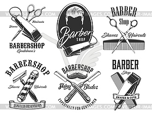 Haircut head, mustaches, scissors barbershop signs - vector image