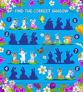 Kids game of match shadows of Easter bunnies, eggs - vector clipart