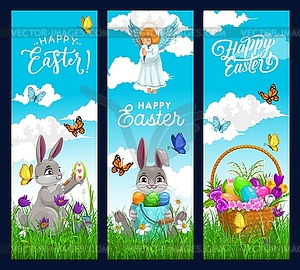 Easter bunny with egg hunt basket banners - vector EPS clipart