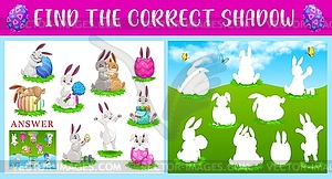 Shadow match kid game with Easter rabbits and eggs - vector clip art