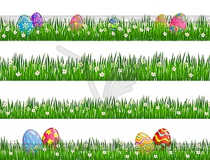 Easter egg hunt borders of green grass, flowers - vector clip art