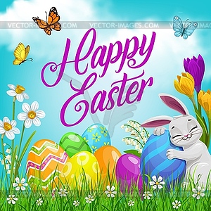 Easter bunny with eggs, flowers. Religion holiday - vector image