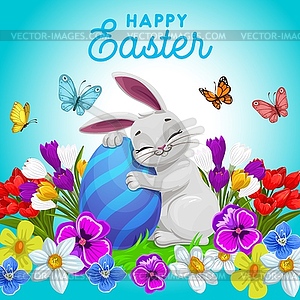 Happy Easter poster with bunny hugging egg - vector clip art