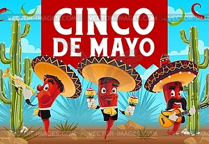 Cinco de Mayo chilli pepper musicians, sombreros - vector image