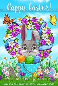 Счастливой Пасхи праздник мультяшный плакат, кролик - изображение в векторе / векторный клипарт