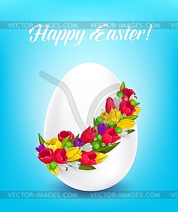 Happy Easter poster, egg with flower wreath - vector image