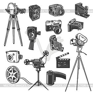 Film studio equipment, movie shooting retro icons - vector image