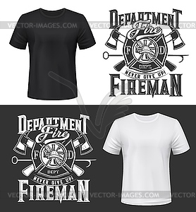 Tshirt print with firefighters helmet, ax, ladder - vector image
