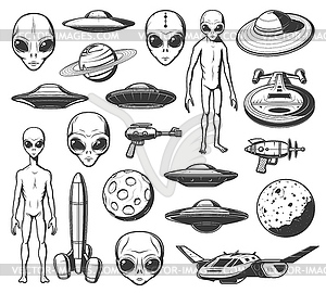 Aliens, ufo and space shuttles retro icons - vector image