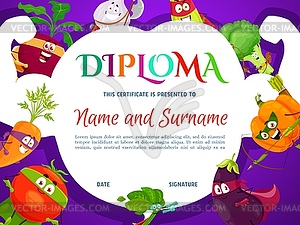 Diploma certificate template, superhero vegetables - vector clipart