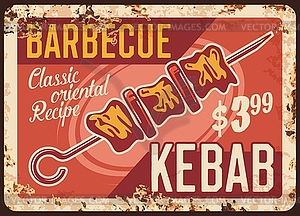 Barbecue kebab rusty metal plate with meat - vector image