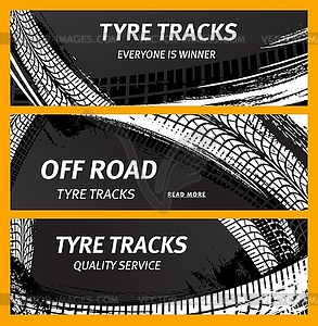 Tire prints, tyre tracks with grunge stained spots - vector clipart