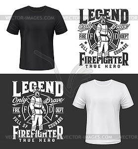 Tshirt print with firefighter in uniform, gas mask - vector clipart