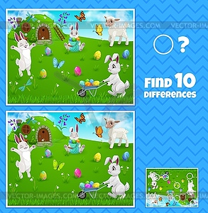 Easter egg hunt bunnies kids game, find difference - vector image