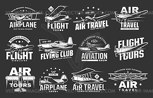 Aviation icons of airlines plane tours, air travel - vector clipart