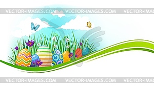 Easter eggs with green grass and flower wave - vector image
