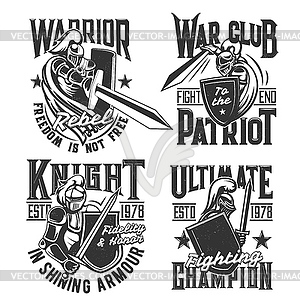 T-shirt prints with knight and warriors - vector image