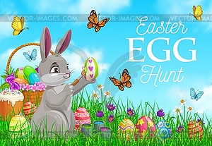 Happy Easter poster with bunny decorate egg - color vector clipart