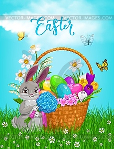 Easter rabbit with flowers bouquet poster - vector clipart