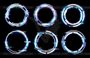 Glitch digital frames, circles neon light effect - vector clip art