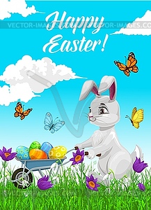 Happy Easter holiday poster with rabbit and eggs - vector image