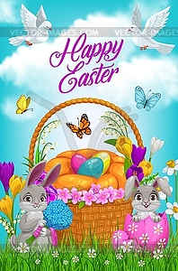 Easter egg hunt basket, bunnies and flowers - vector clip art