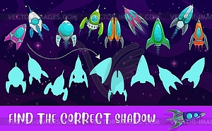 Kids game shadow match with cartoon rockets riddle - vector clip art