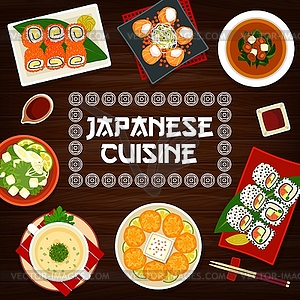 Japan cuisine cartoon poster, Japan meals - vector image