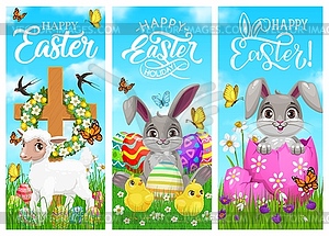 Happy Easter holiday, rabbits, chicks and sheep - vector clip art