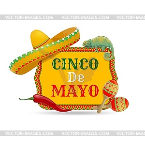 Cinco de Mayo icon with chameleon, maracas - vector image
