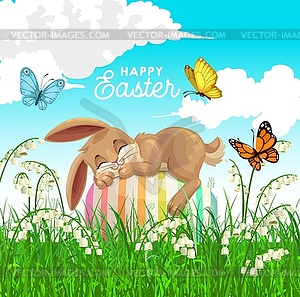 Happy Easter poster with bunny sleep on egg - vector clipart