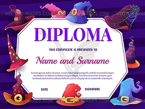 Education school diploma with cartoon witch hats - vector image