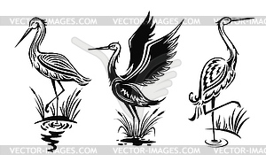 Heron or wader birds icons, black herns - vector image