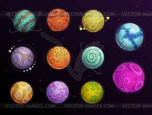 Fantasy planets with rings and satellites in space - vector image