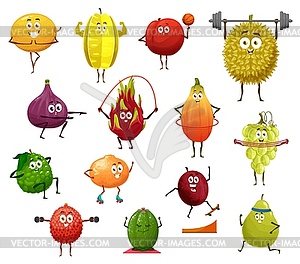 Exotic fruit cartoon characters do sport exercises - vector EPS clipart