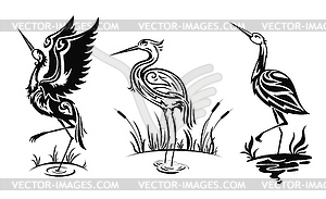 Heron or wader birds icons, black herns - vector clip art